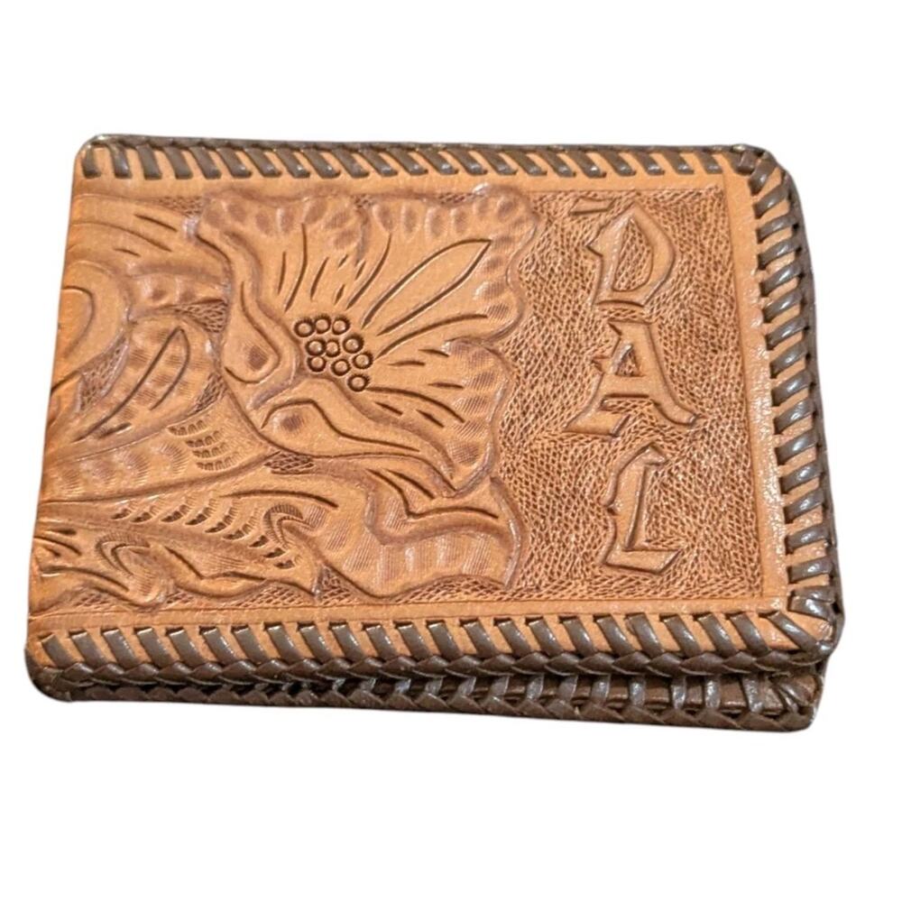 Vintage Handmade Tooled Brown Leather Wallet Western Floral Billfold Mens